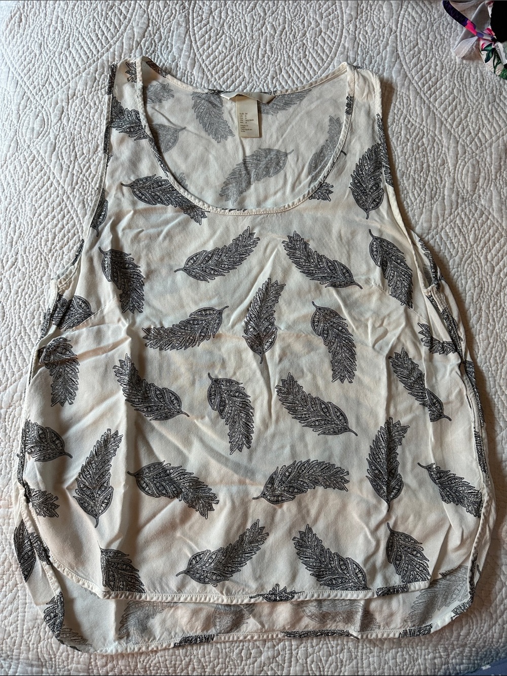 H&M White Tank Top with Black Feather Print